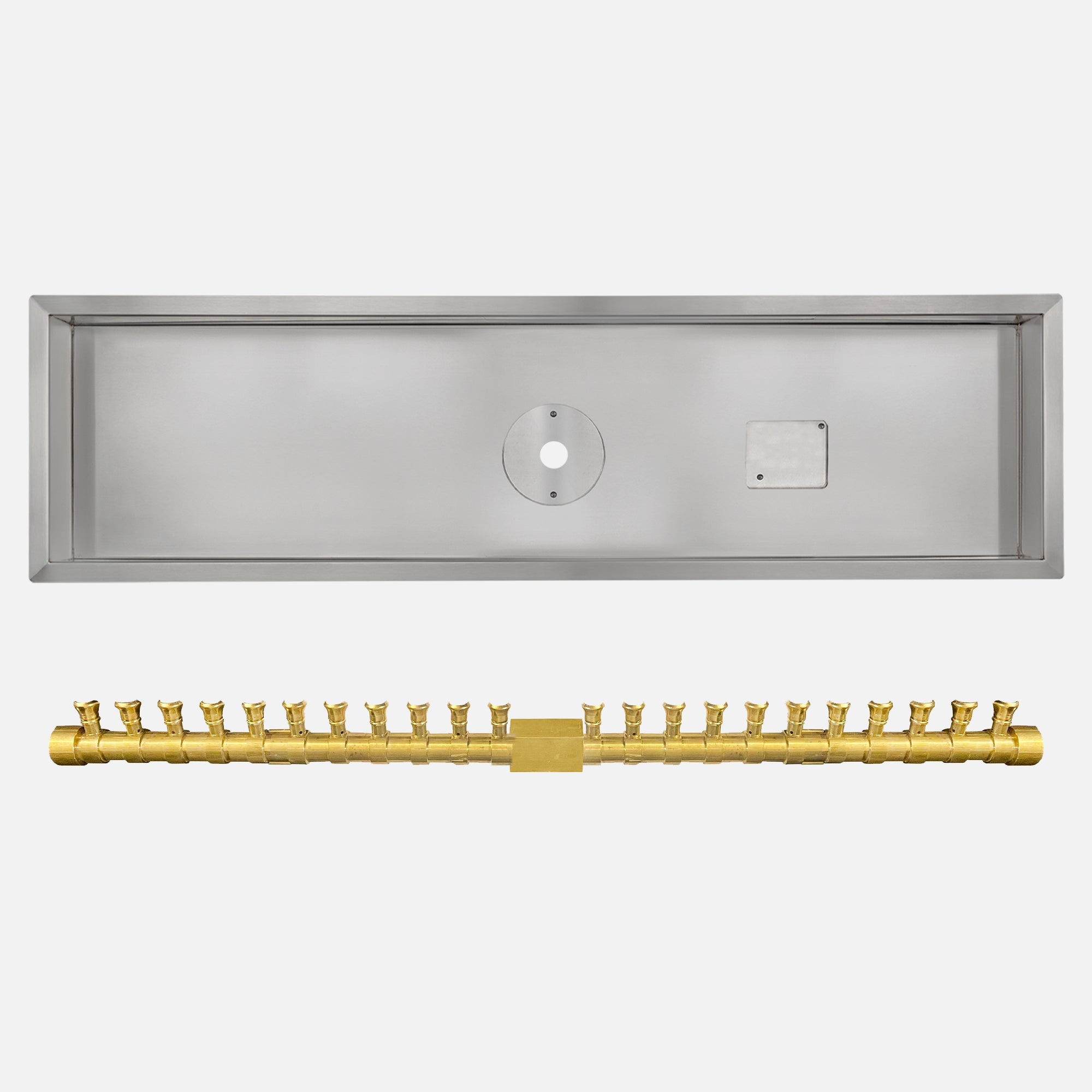 48" x 6" Rectangle Drop In Burner Pan with Opening for Pilot Burner (50" x 8" OD); 36" Pro Series "TX" Burner–87K BTU's / 1/2" Natural Gas Inlet; Battery Powered Ignition System Kit / Natural Gas; (1) 18" Whisper Free Flex Gas Line 1/2"
