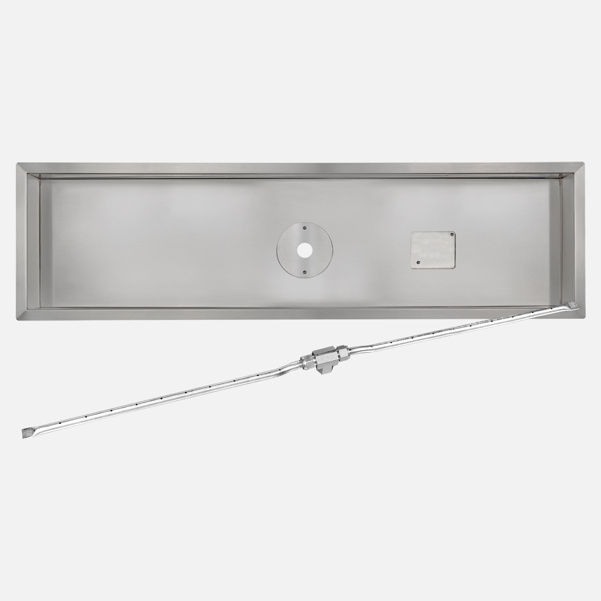 60" x 6" Rectangle Drop In Burner Pan with Opening for Pilot Burner (62" x 8" OD); 48" Single Linear Burner–68K BTU's (316 Stainless Steel) / 1/2" Gas Inlet with Natural Gas Orifice; 1/2" Black Key Valve and (2) 18" Whistle Free Flexible Gas Lines 1/2"