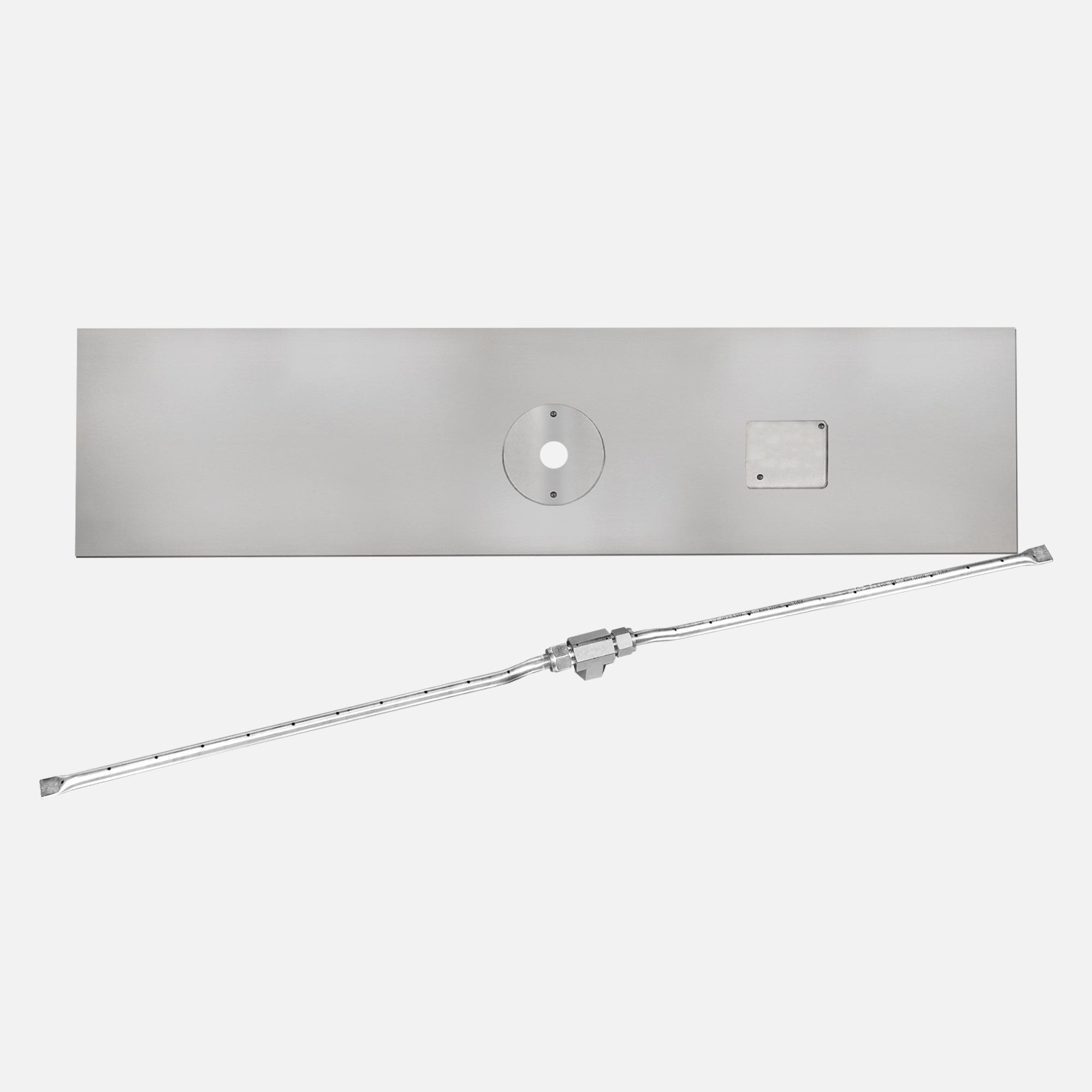 60" x 6" Rectangle Flat Burner Pan with Opening for Pilot Burner; 48" Single Linear Burner–68K BTU's (316 Stainless Steel) / 1/2" Gas Inlet with LP Air Mixer; Battery Powered Ignition System Kit / Liquid Propane; (1) 18" Whisper Free Flex Gas Line 1/2"