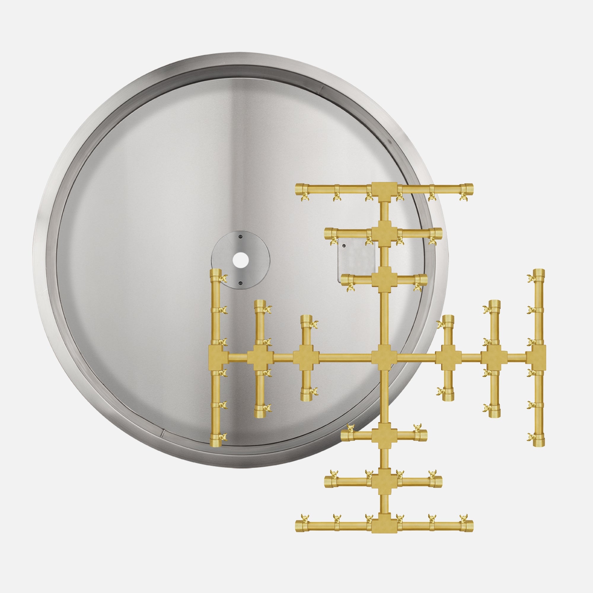 30" Round Drop In Burner Pan with Opening for Pilot Burner (32" OD); 18" Pro Series Brass Snow Flake Burner–124K BTU's / 1/2" Natural Gas Inlet with a 1/2" Black Key Valve and (2) 18" Whistle Free Flexible Gas Lines 1/2"