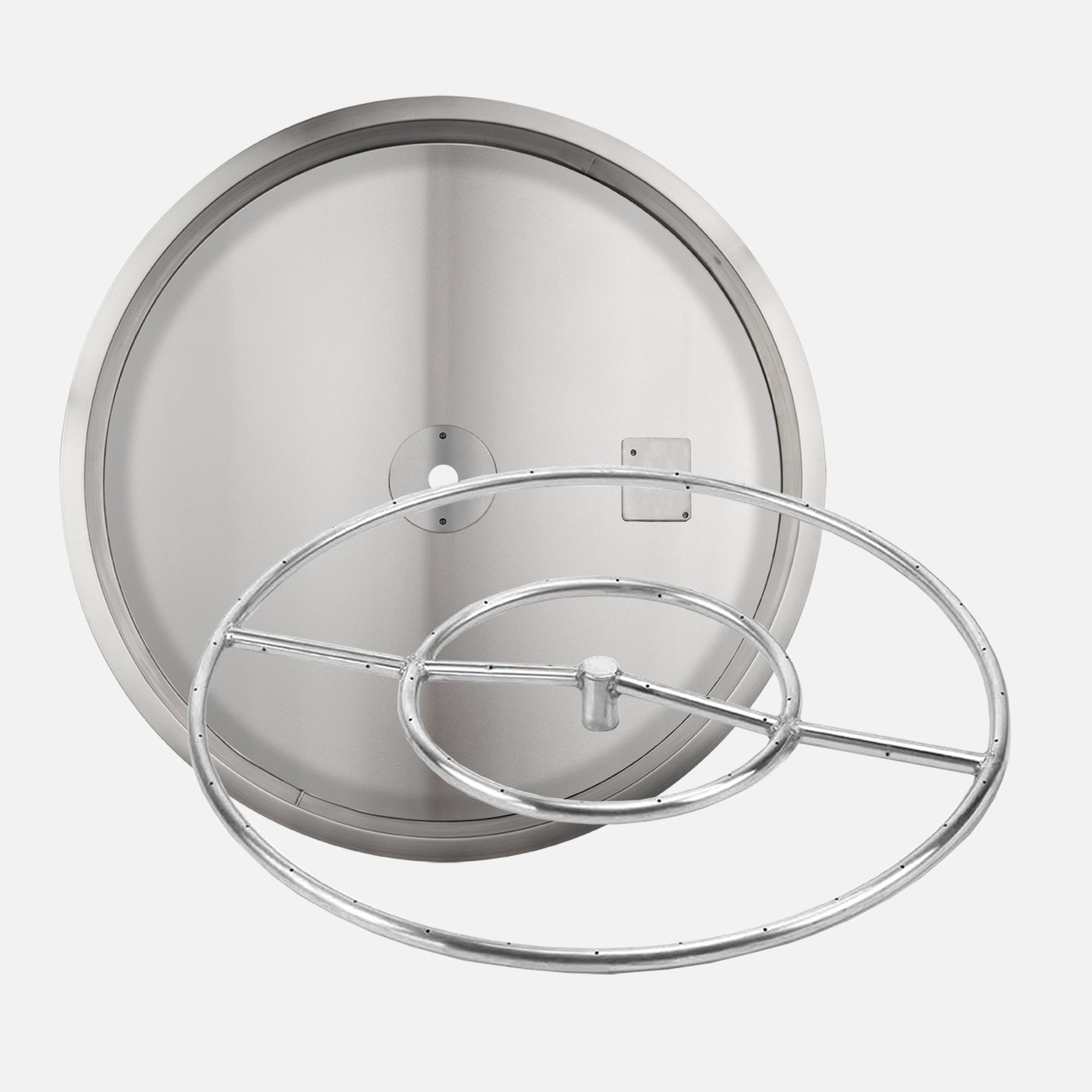 18" Round Drop In Burner Pan with Opening for Pilot Burner (20" OD); 6" Diameter Fire Ring–43K BTU's (304 Stainless Steel) / 1/2" Gas Inlet with NG Orifice; Battery Powered Ignition System Kit / Natural Gas; (1) 18" Whisper Free Flex Gas Line 1/2"