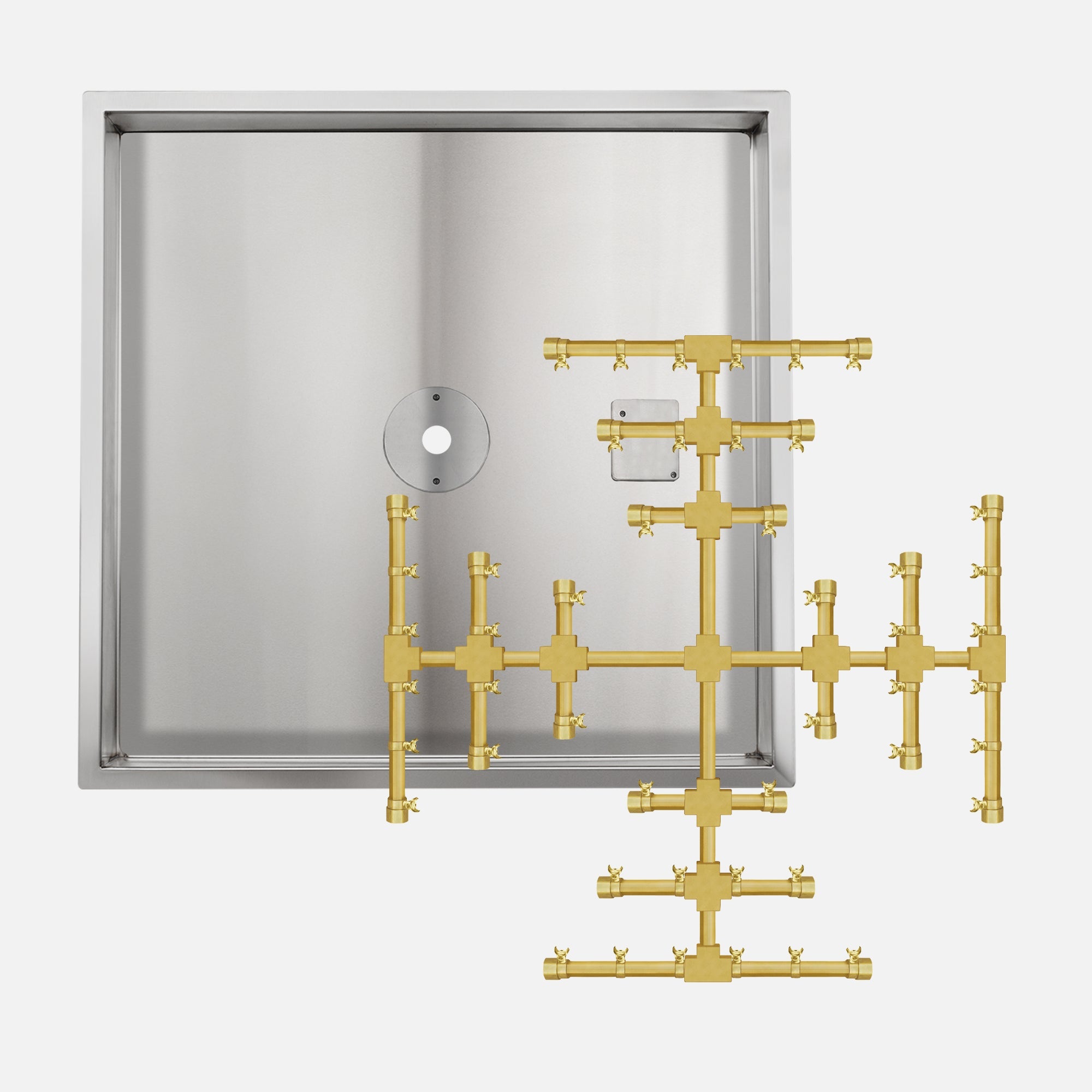 30" Square Drop In Burner Pan with Opening for Pilot Burner (32" OD); 18" Pro Series Brass Snow Flake Burner–124K BTU's / 1/2" Natural Gas Inlet; Battery Powered Ignition System Kit / Natural Gas; (1) 18" Whisper Free Flex Gas Line 1/2"