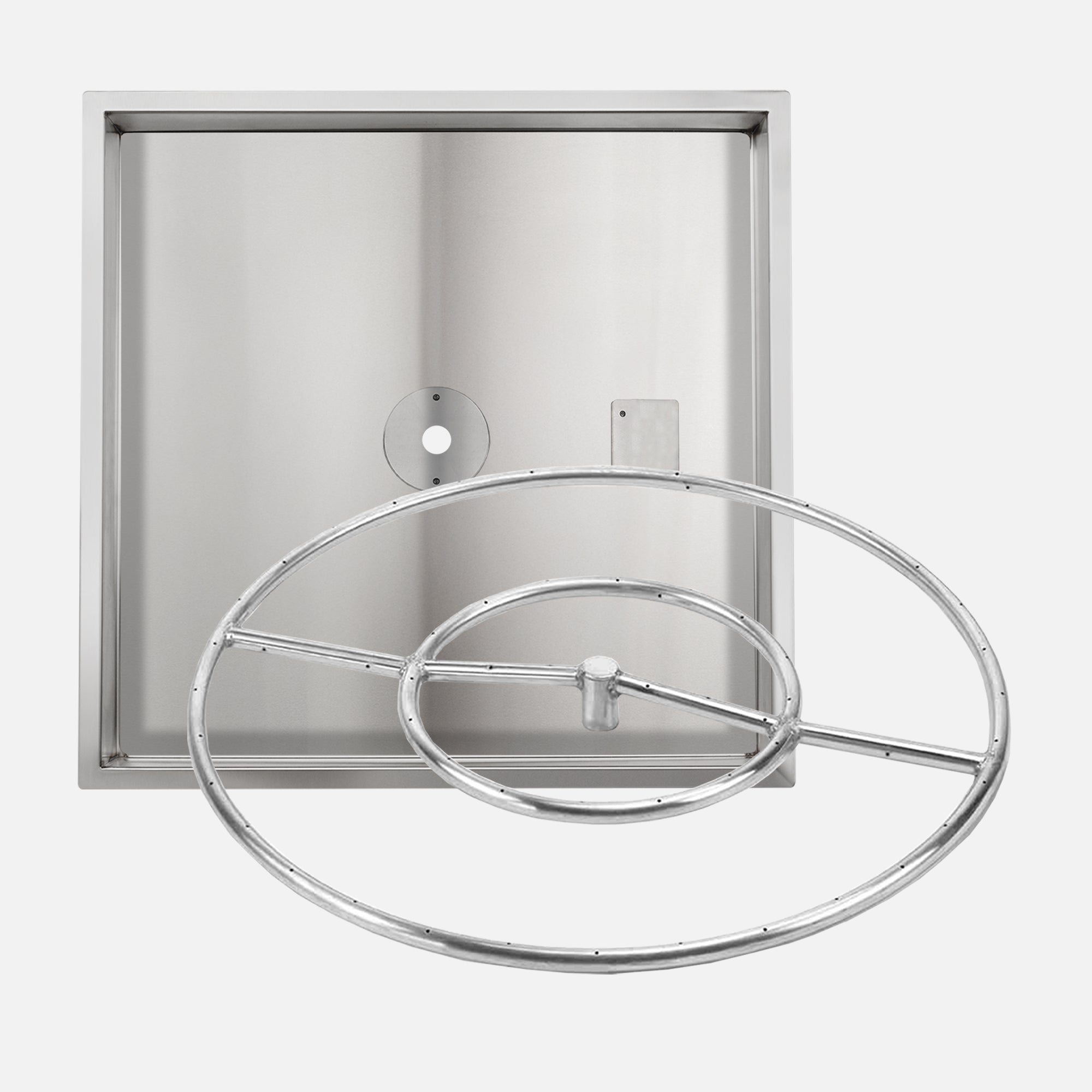 36" Square Drop In Burner Pan with Opening for Pilot Burner (38" OD); 24" Diameter Fire Ring–170K BTU's (304 Stainless Steel) / 1/2" Gas Inlet with LP Air Mixer; 1/2" Black Key Valve and (2) 18" Whistle Free Flexible Gas Lines 1/2"