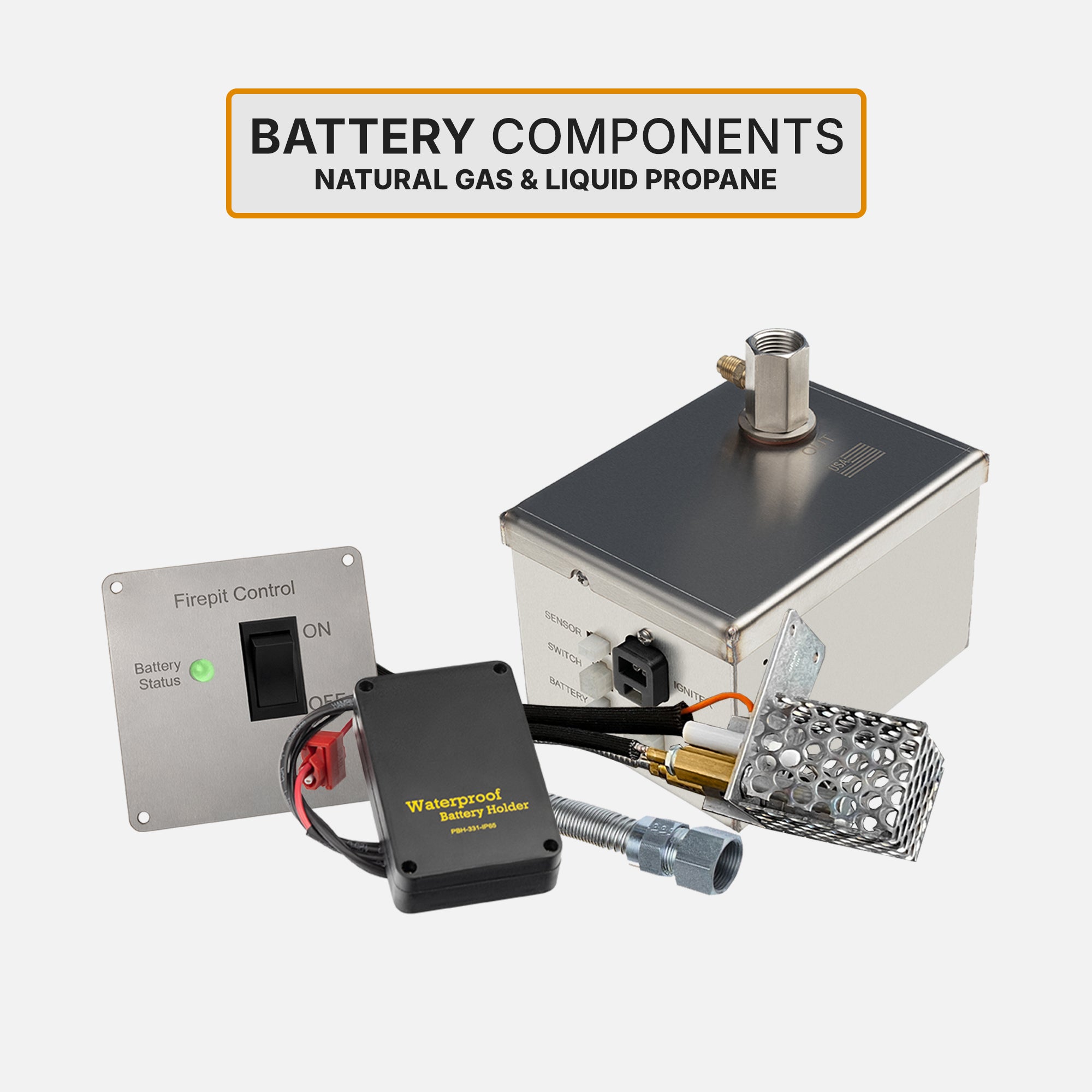 30" Square Flat Burner Pan with Opening for Pilot Burner; 18" Pro Series Brass Snow Flake Burner–124K BTU's / 1/2" Liquid Propane Gas Inlet; Battery Powered Ignition System Kit / Natural Gas; (1) 18" Whisper Free Flex Gas Line 1/2"