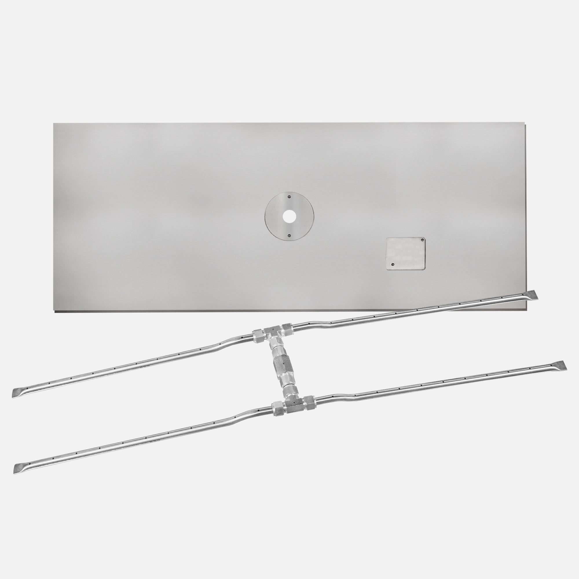 72" x 12" Rectangle Flat Burner Pan with Opening for Pilot Burner; 60" H Burner–170K BTU's (316 Stainless Steel) / 1/2" Gas Inletwith NG Orifice; Battery Powered Ignition System Kit / Natural Gas; (1) 18" Whisper Free Flex Gas Line 1/2"