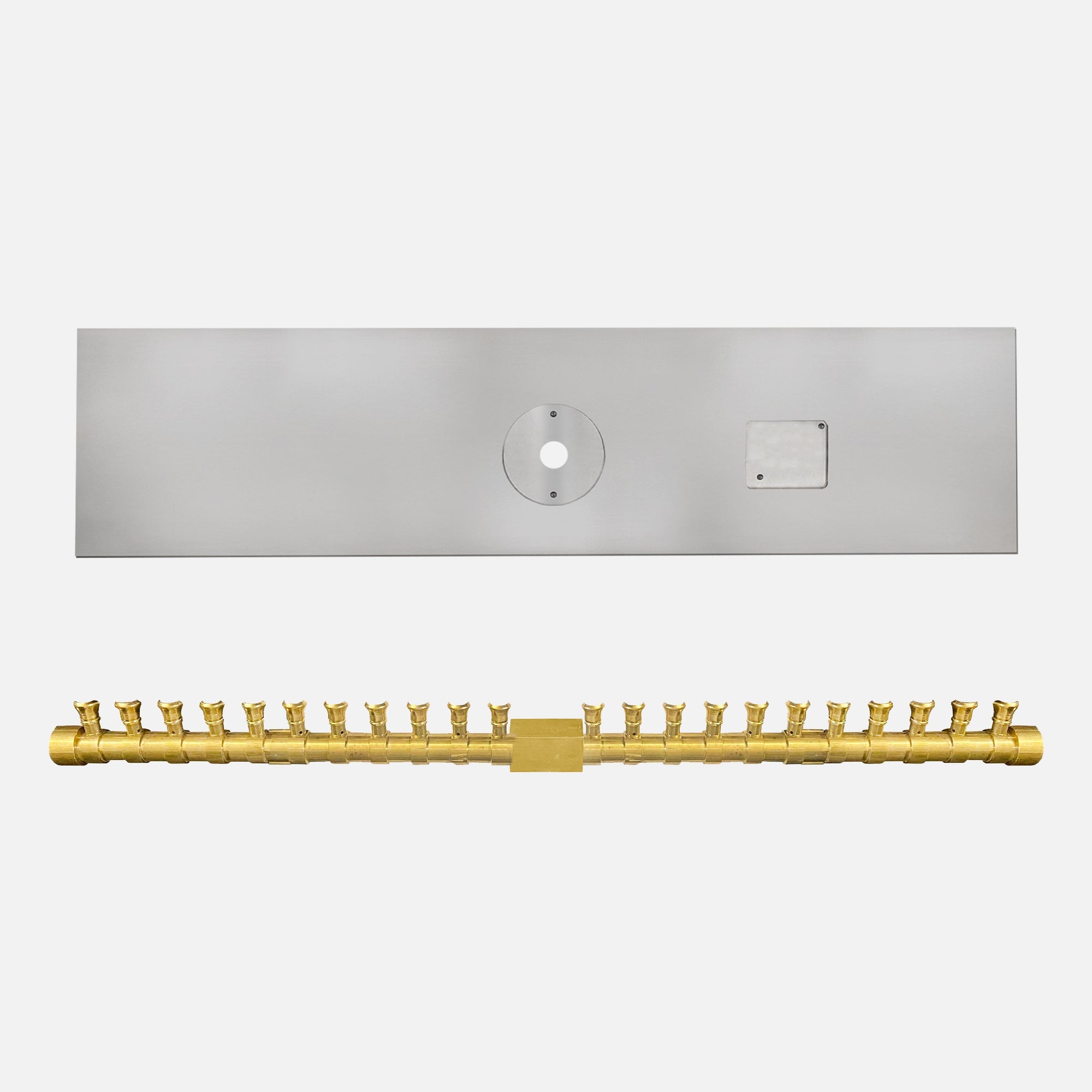 48" x 6" Rectangle Flat Burner Pan with Opening for Pilot Burner; 36" Pro Series "TX" Burner–87K BTU's / 1/2" Natural Gas Inlet; Battery Powered Ignition System Kit / Natural Gas; (1) 18" Whisper Free Flex Gas Line 1/2"