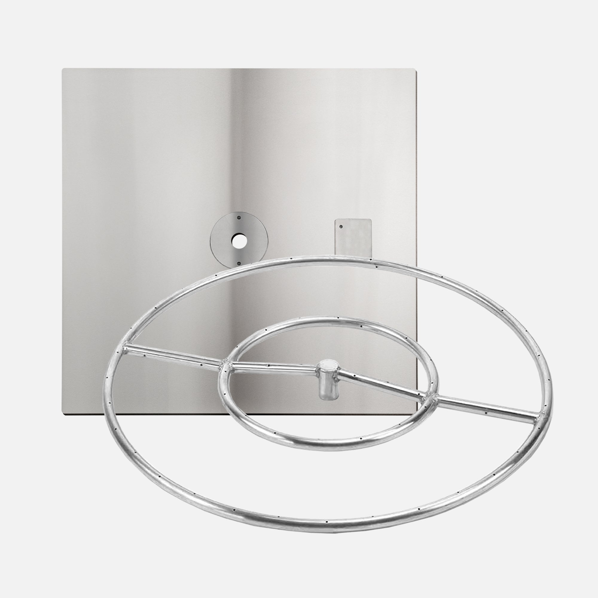 24" Square Flat Burner Pan with Opening for Pilot Burner; 12" Diameter Fire Ring–85K BTU's (304 Stainless Steel) / 1/2" Gas Inlet with NG Orifice; Battery Powered Ignition System Kit / Natural Gas; (1) 18" Whisper Free Flex Gas Line 1/2"