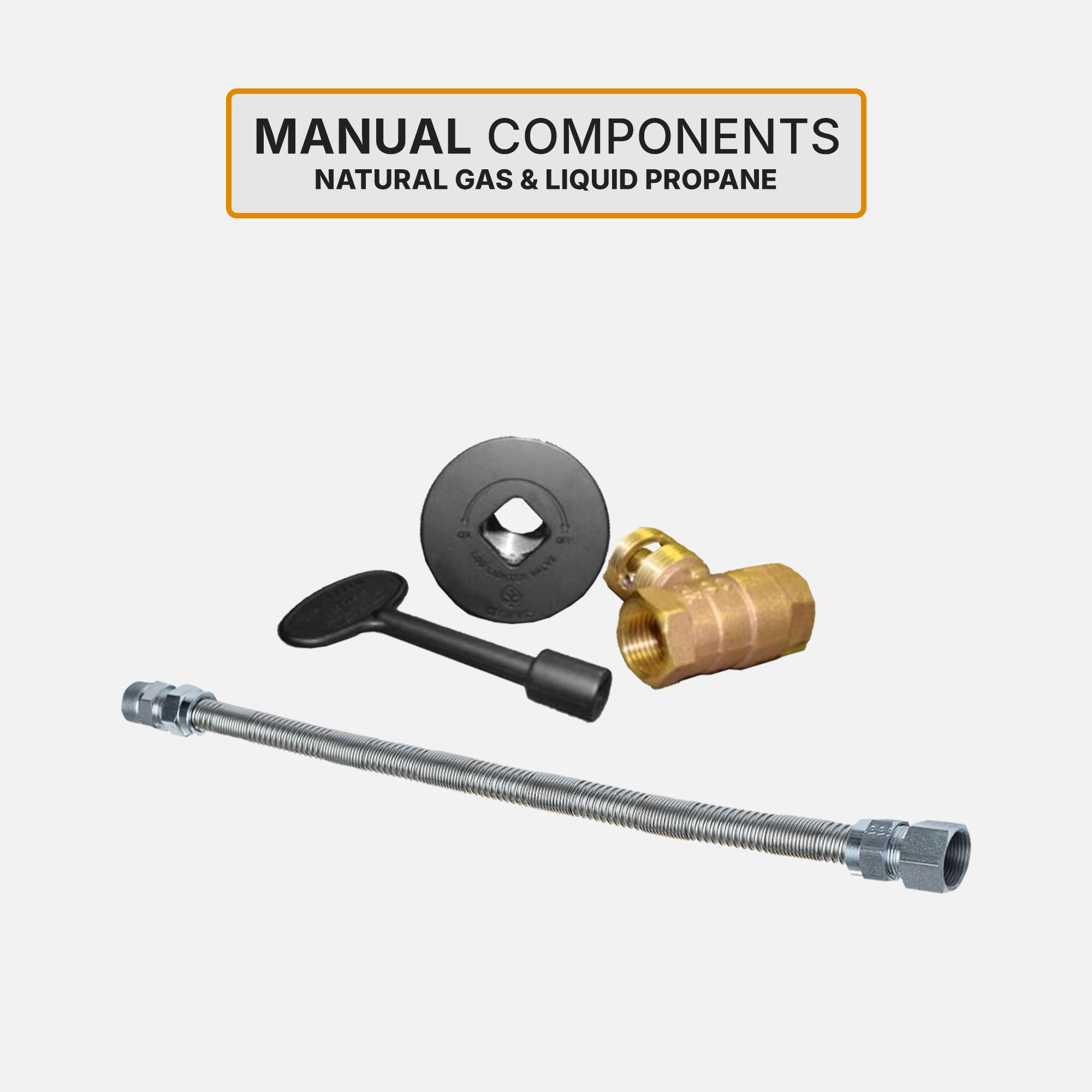 48" x 6" Rectangle Drop In Burner Pan with Opening for Pilot Burner (50" x 8" OD); 36" Pro Series "TX" Burner–87K BTU's / 1/2" Liquid Propane Gas Inlet with a 1/2" Black Key Valve and (2) 18" Whistle Free Flexible Gas Lines 1/2"